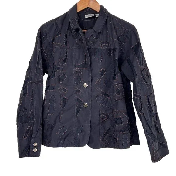 Chicos Black Abstract Art to Wear Contrast Stitch Button Blazer Jacket M 1 FLAW - Picture 1 of 10